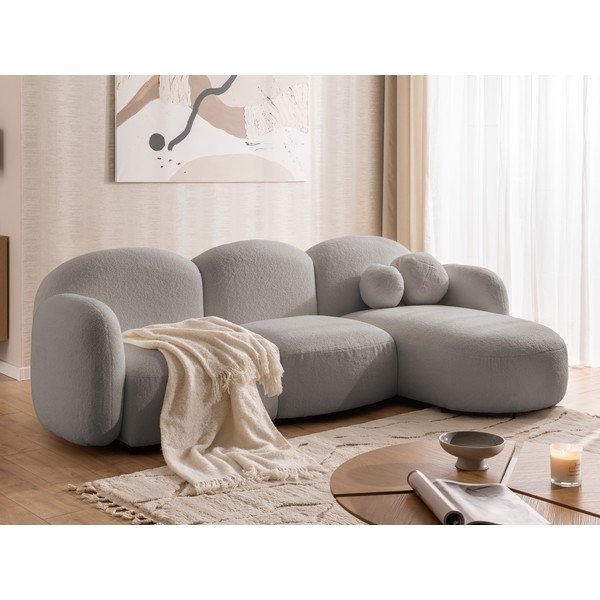 Siva kotna sedežna garnitura iz tkanine bouclé (desni kot/z ležalnikom) Orbit – Ropez-image-4