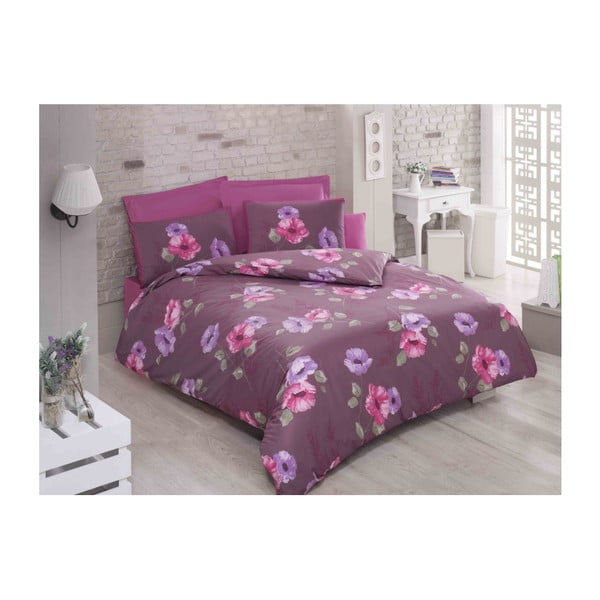 Bombažno posteljno perilo z rjuho in 2 vzglavnikoma za zakonsko posteljo Vijolična, 200 x 220 cm
