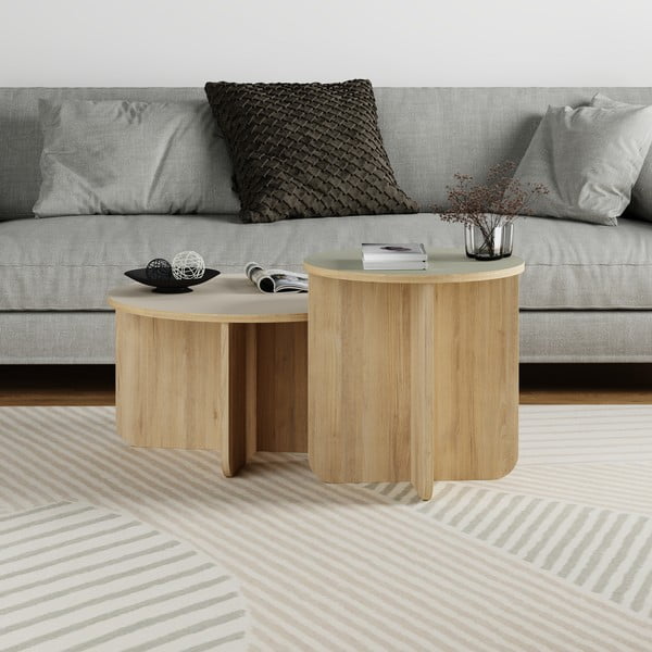 Kremno bele/v naravni barvi okrogle mizice v kompletu 2 ks v hrastovem dekorju ø 70 cm Hillary – Marckeric-image-1