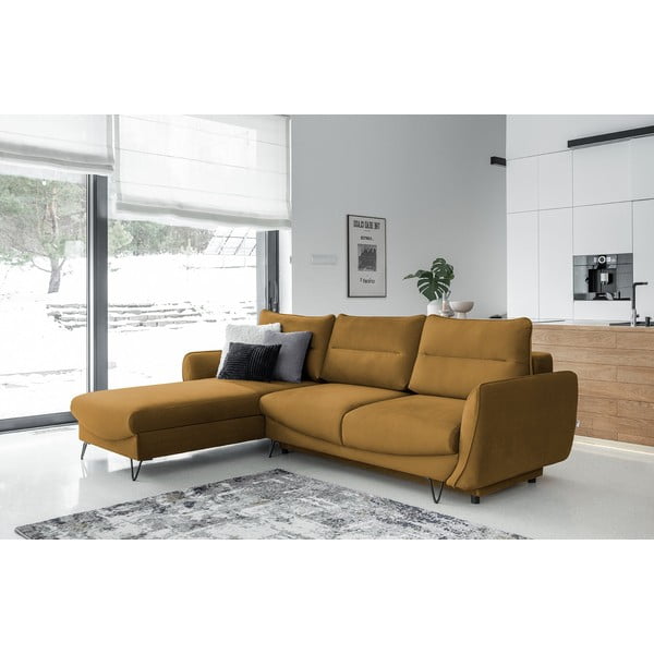 Rumena žametna raztegljiva/s prostorom za shranjevanje kotna sedežna garnitura (levi kot/z ležalnikom) Silva – ELTAP-image-1