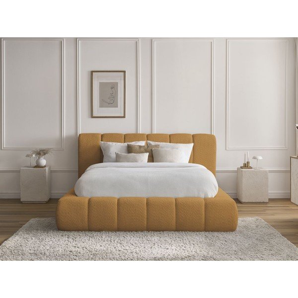 Gorčično rumena oblazinjena zakonska postelja s prostorom za shranjevanje z letvenim dnom 160x200 cm Denali – Bobochic Paris-image-1