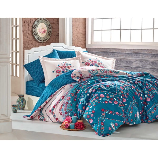 Modro bombažno satenasto posteljno perilo z rjuho za zakonsko posteljoSancha, 200 x 220 cm