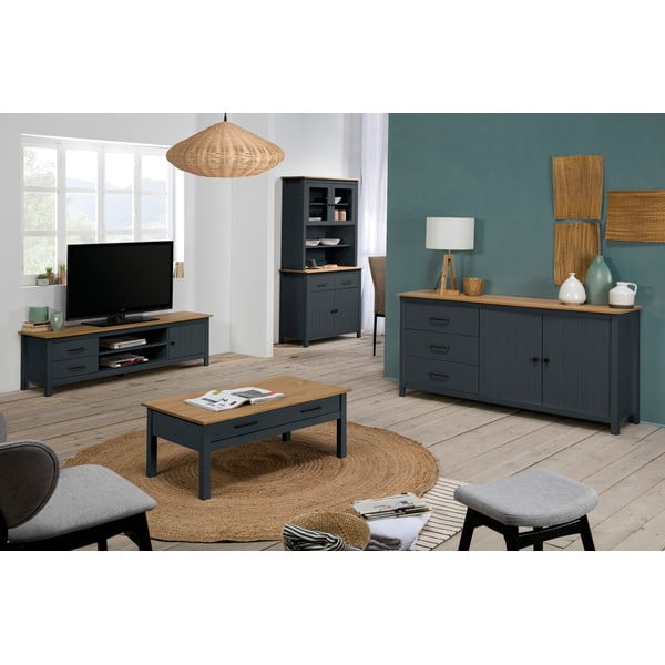 Temno modra nizka komoda iz masivnega bora 150x80 cm Miranda – Marckeric-image-1