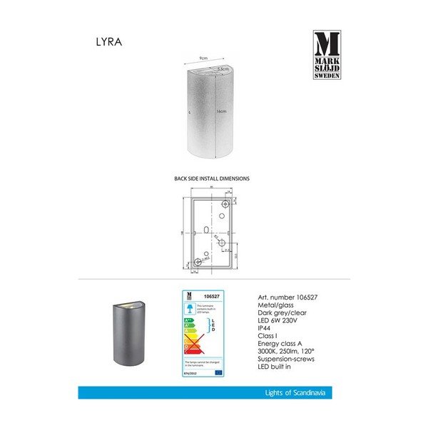 Temno siva stenska svetilka Markslöjd Lyra-image-1