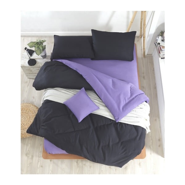 Črno-vijolična posteljnina z rjuho za zakonsko posteljo Permento Masilana, 200 x 220 cm