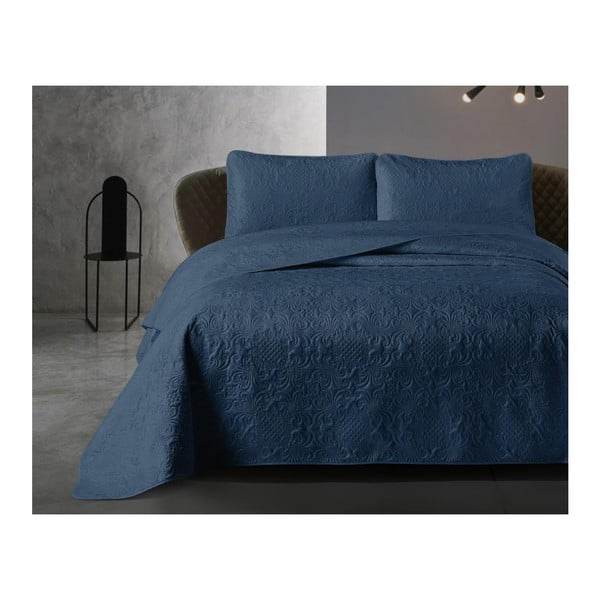 Modro pregrinjalo za posteljo iz mikropercala z dvema prevlekama za vzglavnik Dreamhouse Velvet Clara, 250 x 260 cm