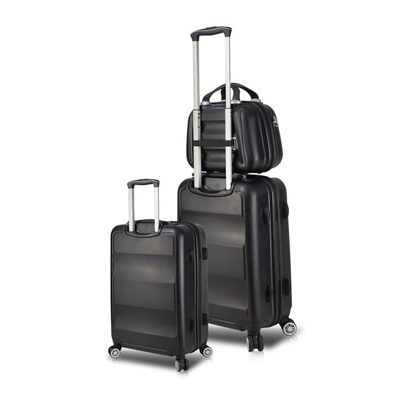 Komplet 2 črnih potovalnih kovčkov na kolesih z vrati USB in ročnim kovčkom My Valice LASSO Cab Med & MU