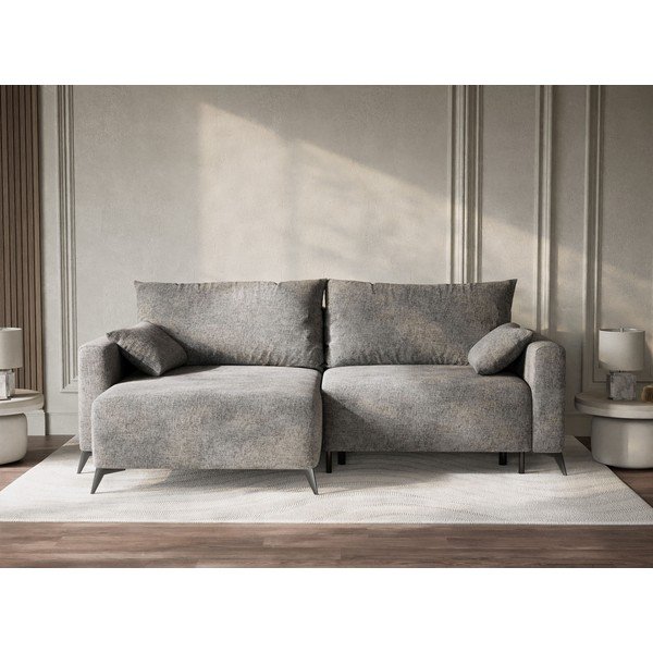 Siva raztegljiva/s prostorom za shranjevanje kotna sedežna garnitura iz šenilje (levi kot/z ležalnikom) Leon – Maison de Rêve-image-1