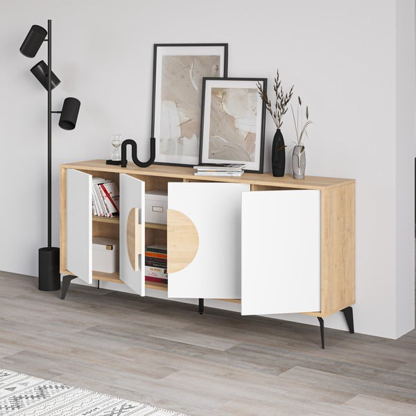 Bela/naravna nizka komoda v hrastovem dekorju 180x82 cm Vae – Marckeric-image-2