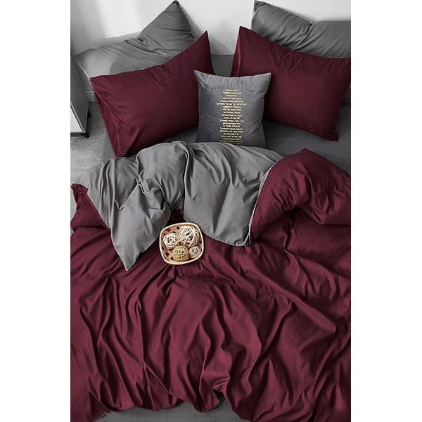 Bordo rdeče-siva bombažna podaljšana posteljnina za zakonsko posteljo z rjuho 200x220 cm - Mila Home
