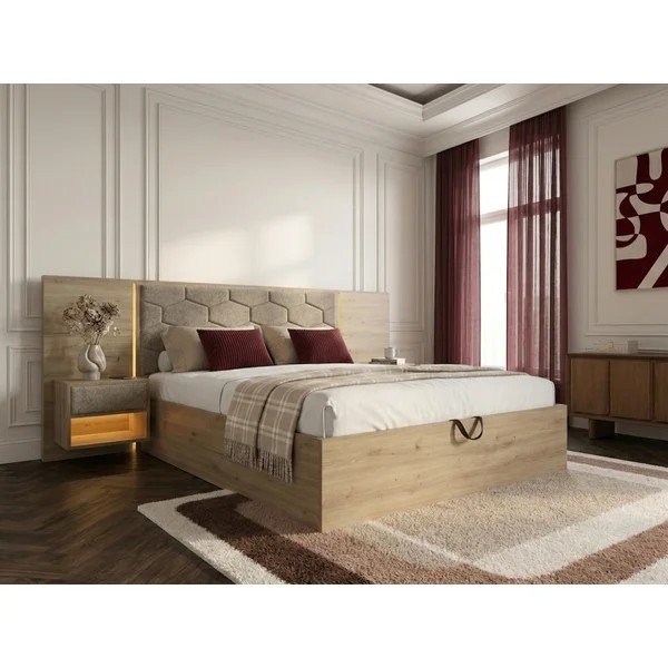 Sivorjava oblazinjena/iz iverne plošče zakonska postelja s prostorom za shranjevanje z letvenim dnom 160x200 cm Palmeraie – Bobochic Paris-image-2