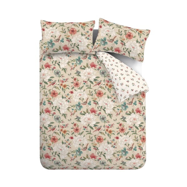 Bež posteljnina za zakonsko posteljo 200x200 cm Pippa Floral Birds – Catherine Lansfield