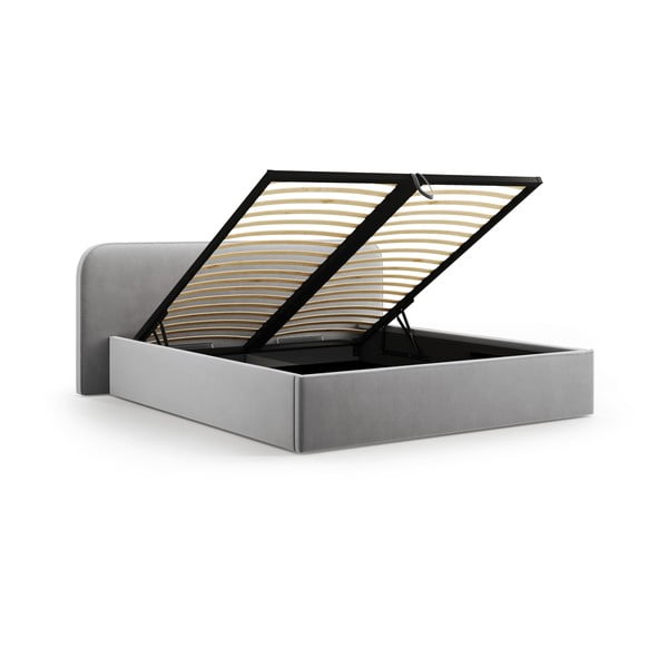 Svetlo siva oblazinjena zakonska postelja s prostorom za shranjevanje in z letvenim dnom 200x200 cm Elizabeth – Micadoni -image-2