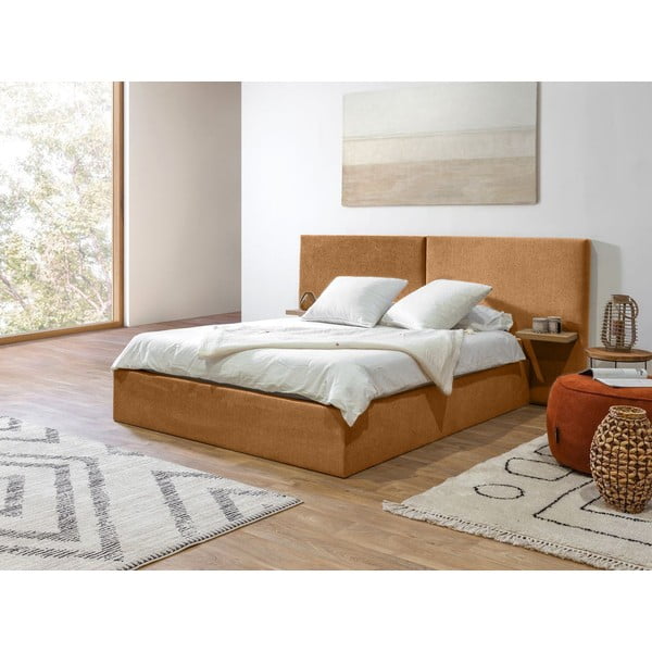 Oker rumena oblazinjena zakonska postelja s prostorom za shranjevanje z letvenim dnom 160x200 cm Blandine – Bobochic Paris-image-2