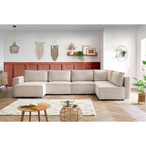 Kremno bela kotna sedežna garnitura iz rebrastega žameta (desni kot/v obliki črke "U") Nihad modular – Bobochic Paris-image-1