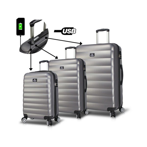 Komplet 3 sivih potovalnih kovčkov na kolesih z USB priključki My Valice RESSO Travel-image-3