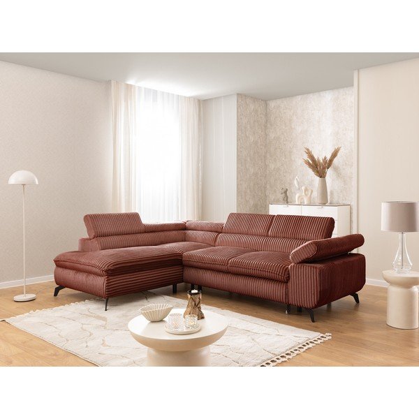 Kotna sedežna garnitura iz rebrastega žameta v barvi terakote (levi kot/v obliki črke L) Marbeya  – Ropez-image-1