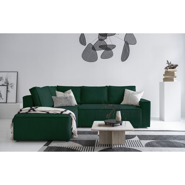 Temno zelena raztegljiva kotna sedežna garnitura iz rebrastega žameta (levi kot) Brave Dave – Miuform-image-1