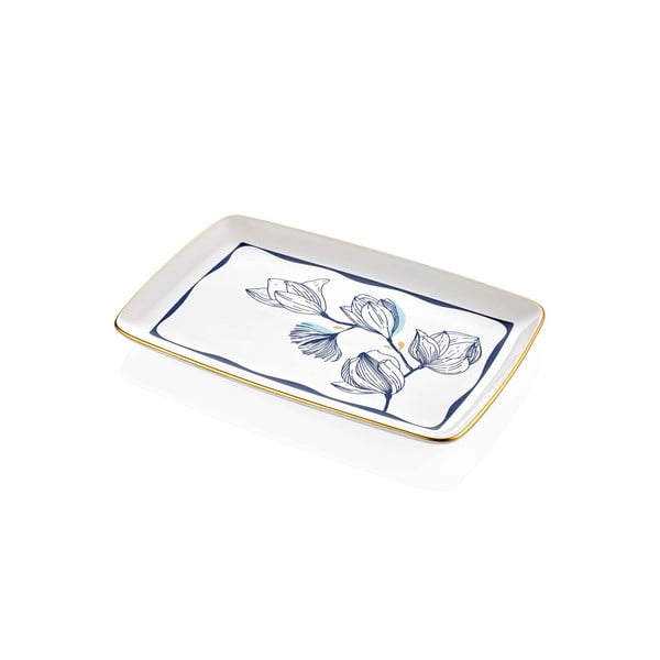 Bel porcelanast servirni krožnik z modrimi cvetovi Mia Bleu, 34 x 25 cm