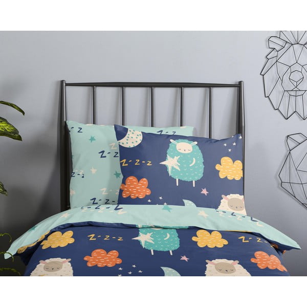 Modra enojna podaljšana bombažna otroška posteljnina 140x220 cm Sheep – Good Morning-image-2