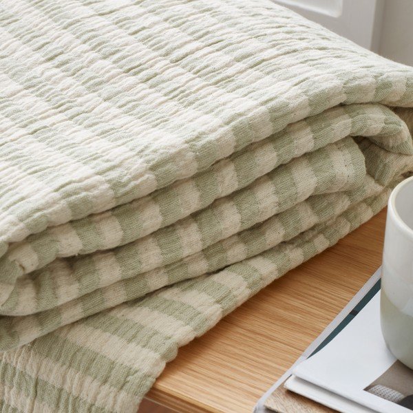 Zelena bombažna odeja 150x200 cm Cotton Muslin Stripe – Bianca-image-1