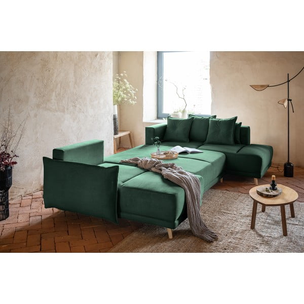Zelena raztegljiva kotna sedežna garnitura iz rebrastega žameta (desni kot/v obliki črke "U") Lazy Lukka – Miuform-image-4