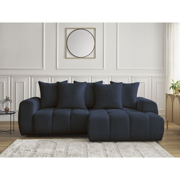 Modra raztegljiva kotna sedežna garnitura iz tkanine bouclé s prostorom za shranjevanje (desni kot/z ležalnikom) Roxelane – Bobochic Paris-image-1