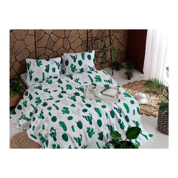 Komplet bombažnega posteljnega pregrinjala, rjuhe in 2 prevlek za vzglavnik Cactus Green, 200 x 235 cm
