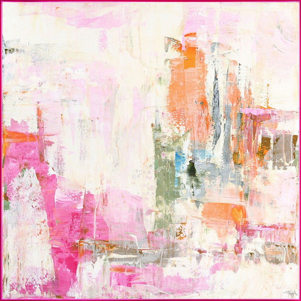 Tiskana slika na platnu z ročno naslikanimi elementi v okvirju 102x102 cm New Age Pink