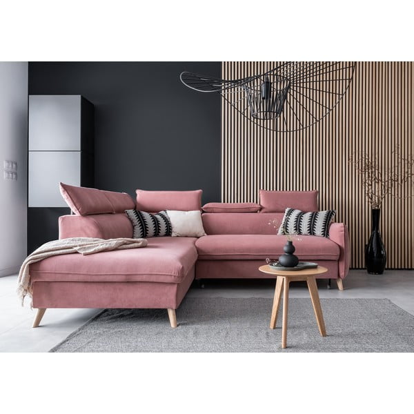 Svetlo rožnata žametna raztegljiva kotna sedežna garnitura (levi kot) Sweet Harmony – Miuform-image-1