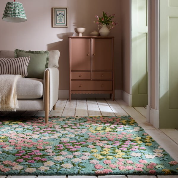 Mentolno zelena ročno tkana volnena preproga 200x290 cm Emilia Floral – Flair Rugs-image-1
