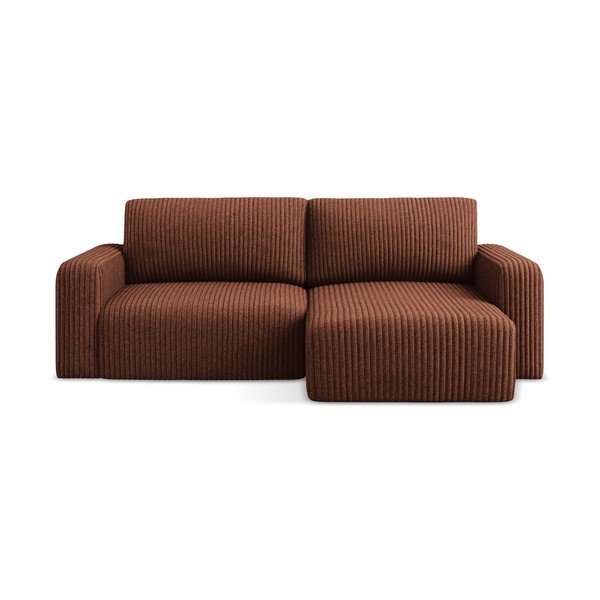 Raztegljiva/s prostorom za shranjevanje kotna sedežna garnitura iz rebrastega žameta v barvi terakote (desni kot/z ležalnikom) Kona – Makamii