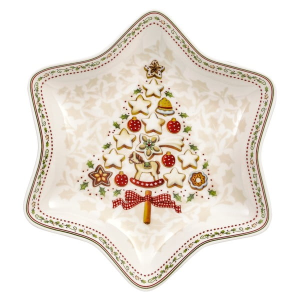 Rdeče-bela porcelanasta servirna skleda v obliki zvezde Villeroy&Boch Gingerbread Village, 24,5 x 24,5 cm
