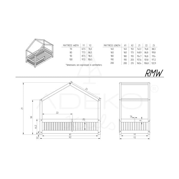 Otroška postelja iz masivnega bora v obliki hiške 120x200 cm Mila RMW – Adeko-image-3
