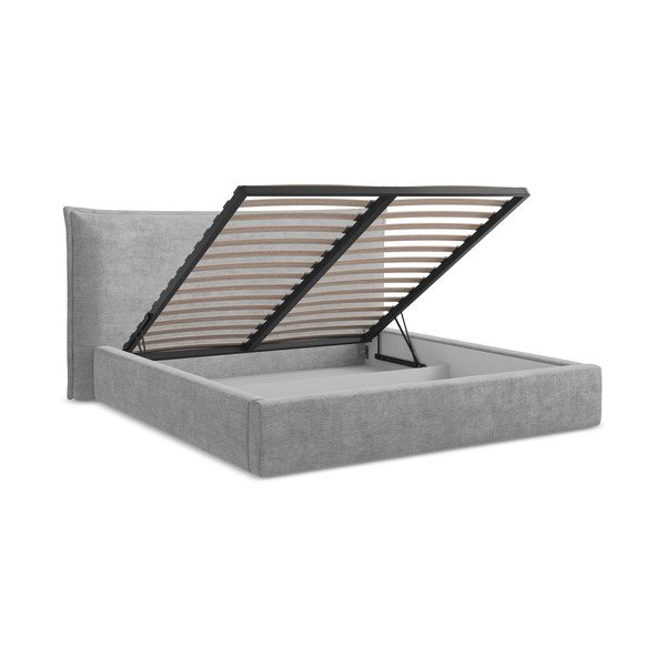 Svetlo siva oblazinjena zakonska postelja s prostorom za shranjevanje z letvenim dnom 140x200 cm Esala – Makamii-image-3