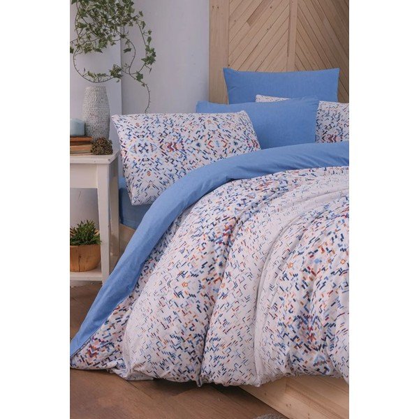 Bela/modra podaljšana posteljnina za zakonsko posteljo z rjuho 200x220 cm Geometric – Mila Home-image-2