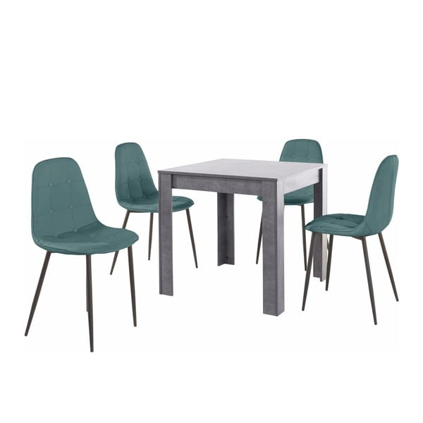 Komplet sive jedilne mize in 4 modrih jedilnih stolov Støraa Lori Lamar Duro