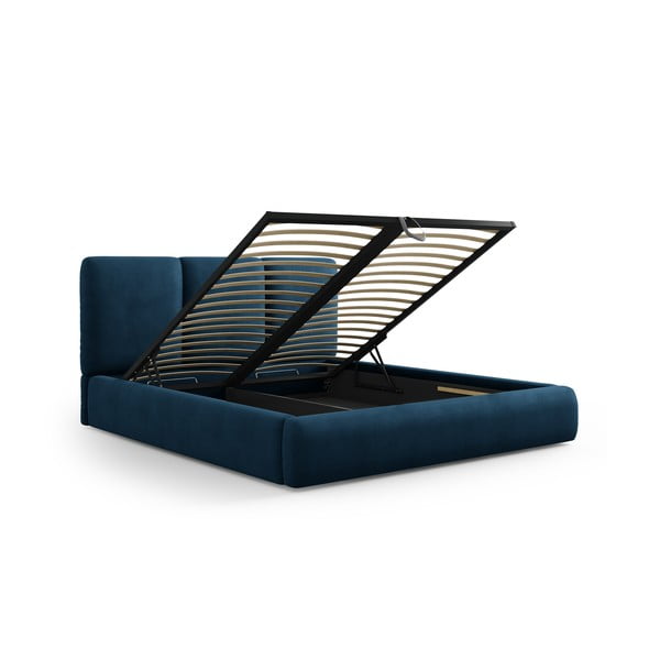 Temno modra oblazinjena zakonska postelja s prostorom za shranjevanje z letvenim dnom 200x200 cm Brody – Mazzini Beds-image-2