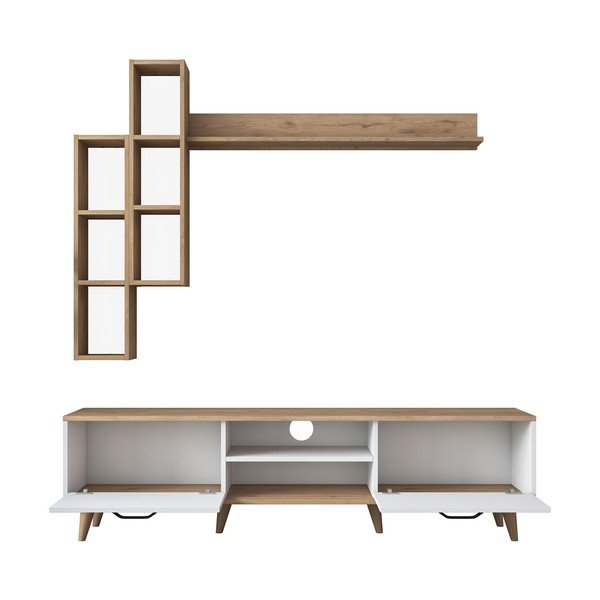 Televizijski komplet v orehovem dekorju v beli in naravni barvi 180x48 cm Veronica - Kalune Design-image-2