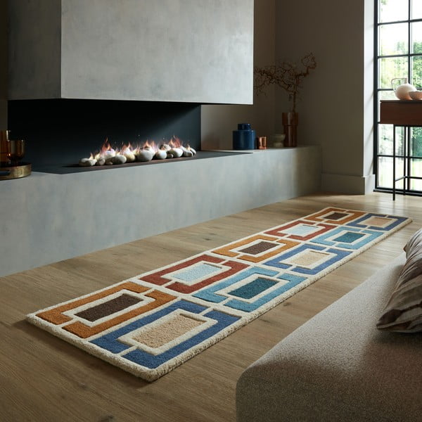 Moder/oranžen ročno tkan volnen tekač 60x230 cm Retro Blocks – Flair Rugs-image-1