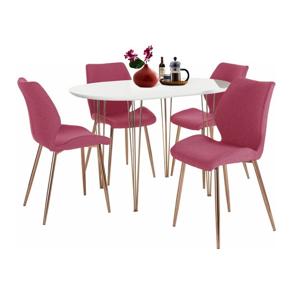 Komplet bele jedilne mize in 4 rdečih jedilnih stolov Støraa Emil in Annie