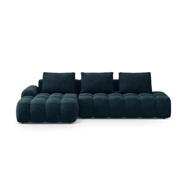 Modrozelena žametna raztegljiva/s prostorom za shranjevanje kotna sedežna garnitura (levi kot/z ležalnikom) Linz – Cosmopolitan Design