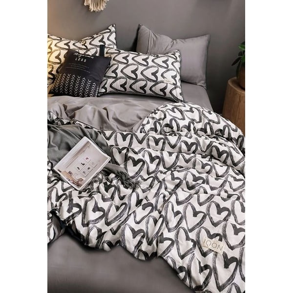 Belo-siva bombažna posteljnina za zakonsko posteljo z rjuho 200x220 cm - Mila Home