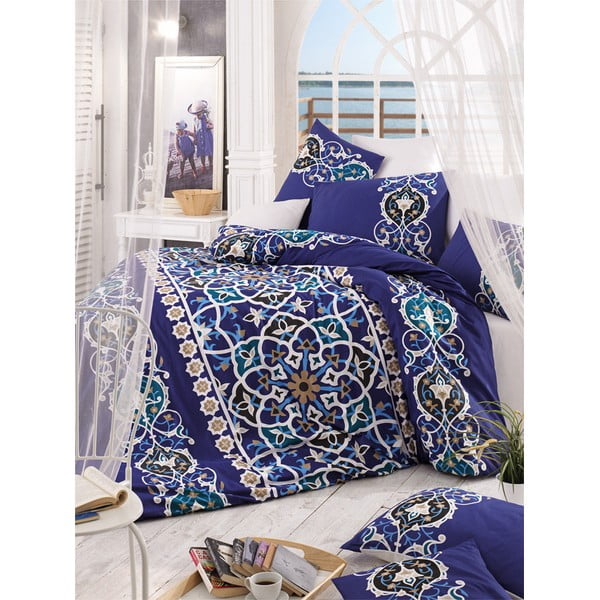 Temno modra bombažna posteljnina za zakonsko posteljo/podaljšana z rjuho 200x220 cm Kayra – Mijolnir