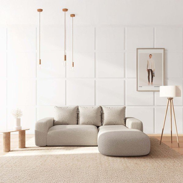 Bež kotna sedežna garnitura iz tkanine bouclé (desni kot/z ležalnikom) Monce – Rodier-image-1