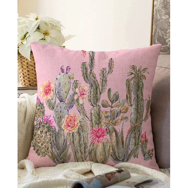 Rožnata prevleka za vzglavnik iz mešanice bombaža Minimalist Cushion Covers Blooming Cactus, 55 x 55 cm