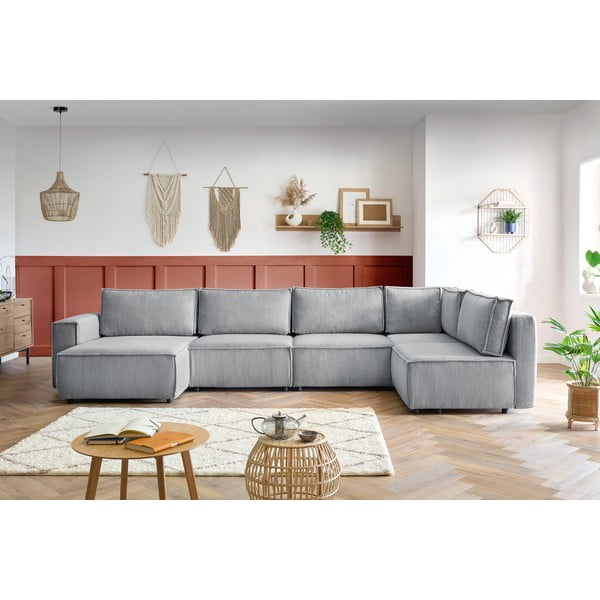 Svetlo siva kotna sedežna garnitura iz rebrastega žameta (desni kot/v obliki črke "U") Nihad modular – Bobochic Paris-image-1