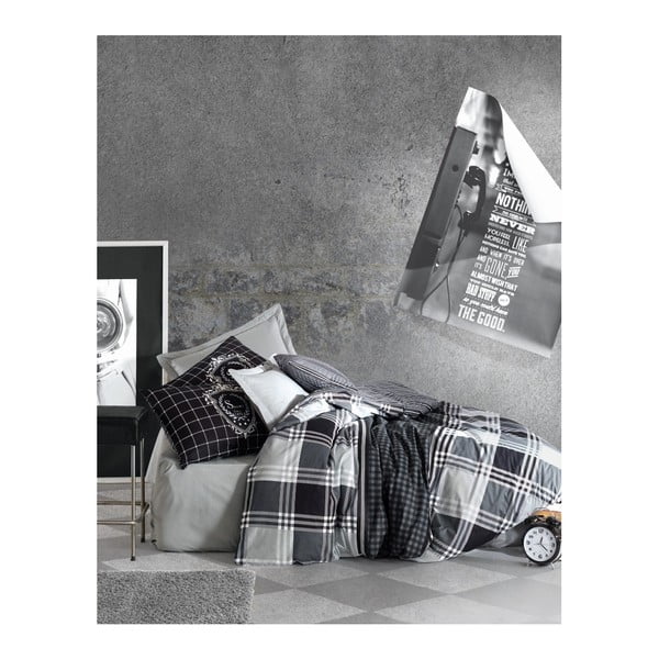 Črno-bela bombažna posteljnina z rjuho za enojno posteljo Kvadrat, 140 x 200 cm