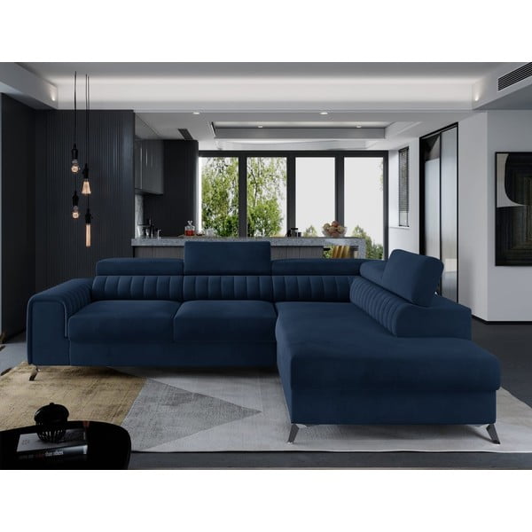 Modra žametna raztegljiva/s prostorom za shranjevanje kotna sedežna garnitura (desni kot/v obliki črke L) Laurence – ELTAP-image-1