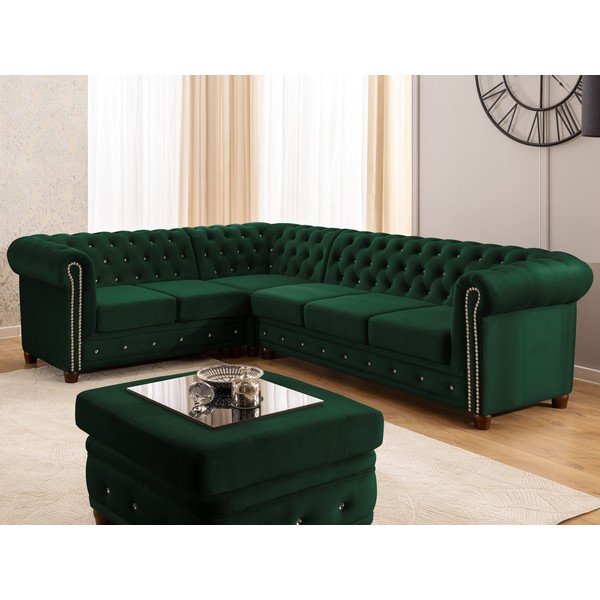 Zelena žametna raztegljiva kotna sedežna garnitura (levi kot/v obliki črke L) York Blik – Ropez-image-1